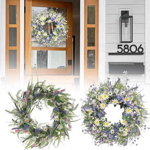 18 Inches Spring Wreaths for Front Door Blue Spring Door Wreath Summer Floral Wreath with Wildflower Lanvender for Wall Porch Indoors Outdoor Window Home Decorations