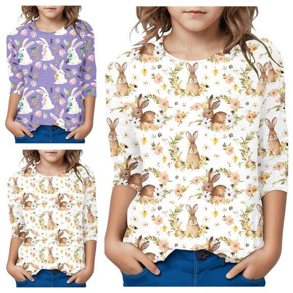 Lovzfmll Girls' Easter Print Top, Casual Three-Quarter Sleeve Tee, Holiday Graphic Crew Neck Play Shirt for Toddler 3-4 Years
