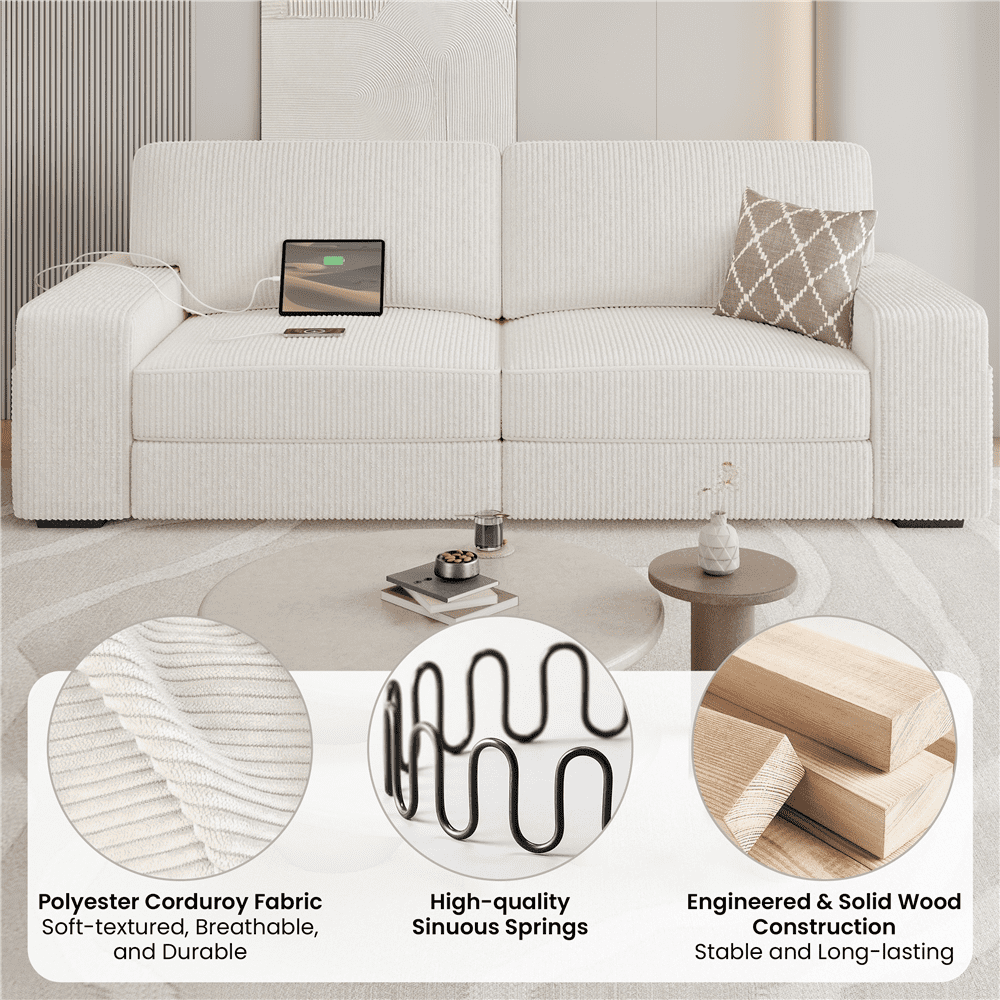Renwick 83.5'' W 2-Seater Modern Corduroy Fabric Sofa Couch with USB Charging Ports, All Ages, Ivory