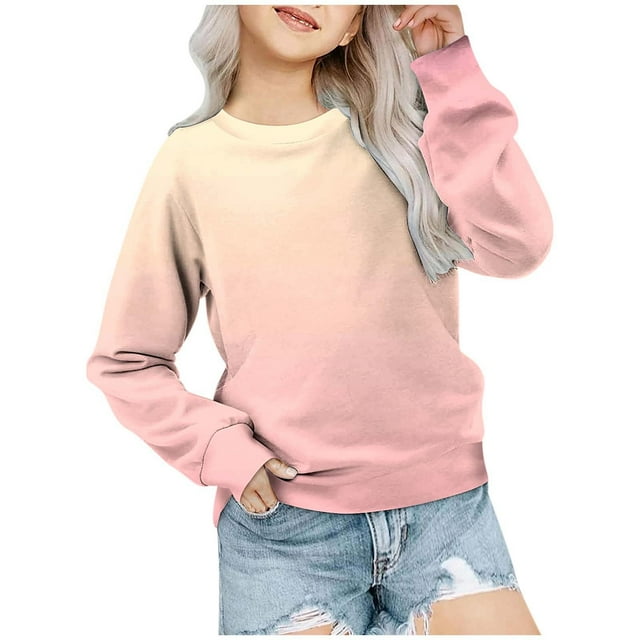 MIASHUI Girls Sweatshirt Tops Gradient Printed Crewneck Casual Pullovers,Pink,11-12 Years