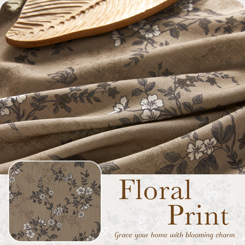 NICETOWN Linen Cotton Curtains for Living Room, Linen Blend Floral Printed Curtains Organic Privacy Drapes Back Tab Light Filtering Farmhouse Curtains, Khaki, 52"x84", 2 Panels