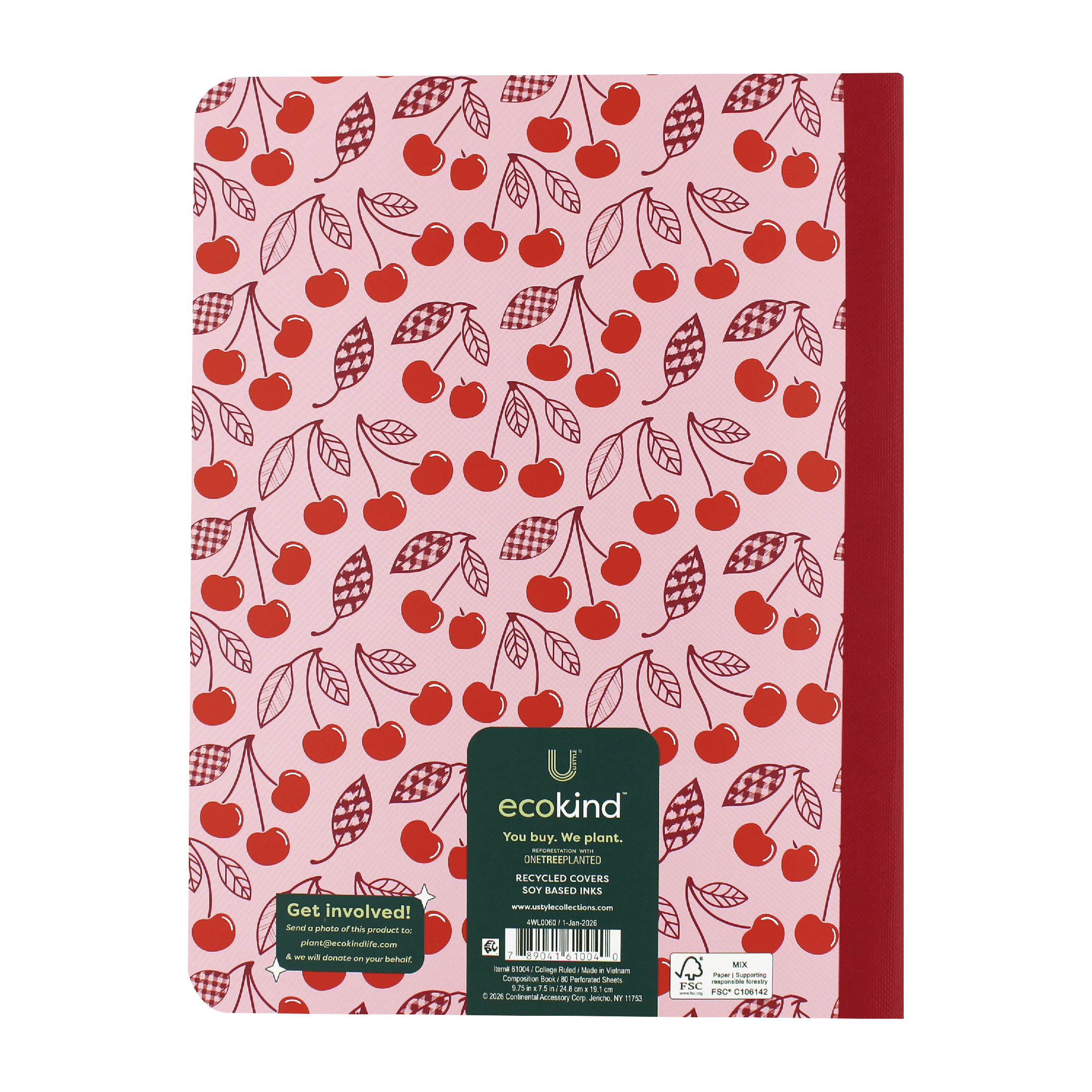 Ecokind Cherry College Ruled Composition Book, 9.75in x 7.5in, 80 Sheets