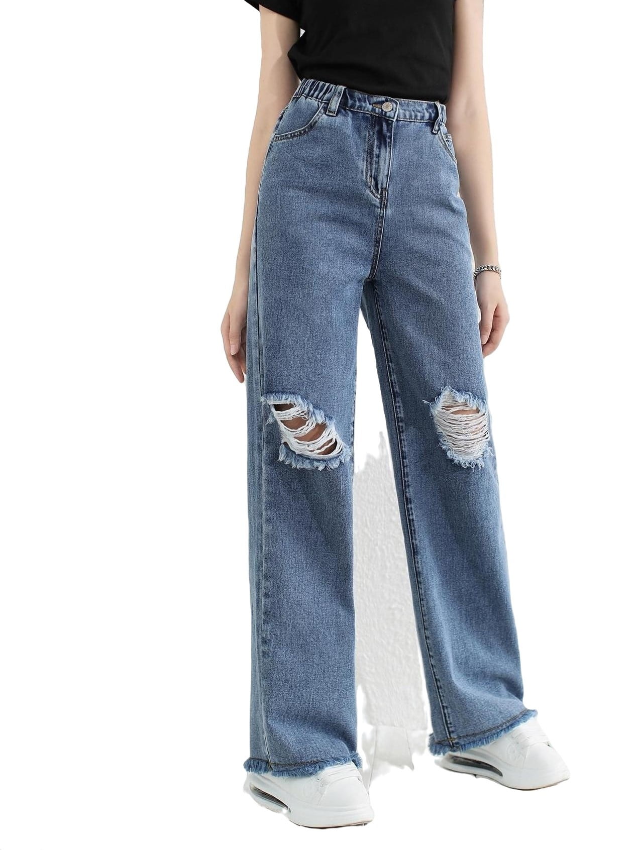 Plain Straight Leg Medium Wash Girls Jeans (Girl's)