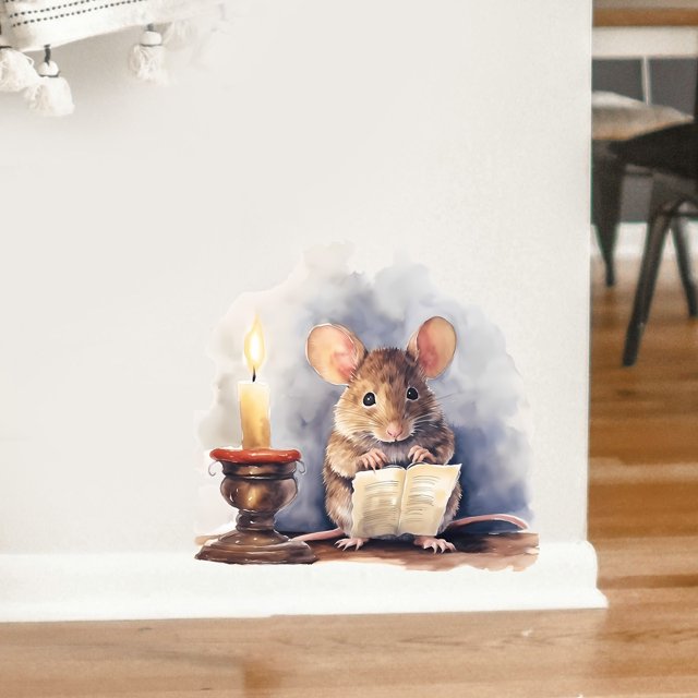 Adhesivo de pared de PVC con adorable ratón leyendo con vela, 14 x 14 cm