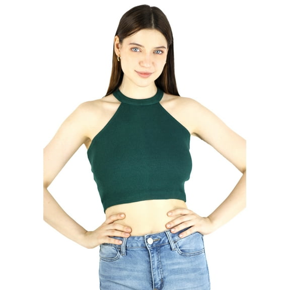 Artyska Women's Halter Neck Green Ribbed Crop Top