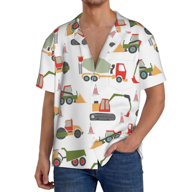 Fotbe Excavator Camisa Estampada de Manga Corta para Hombre, Casual de Verano, Estilo Playero, Sin Arrugas-Large