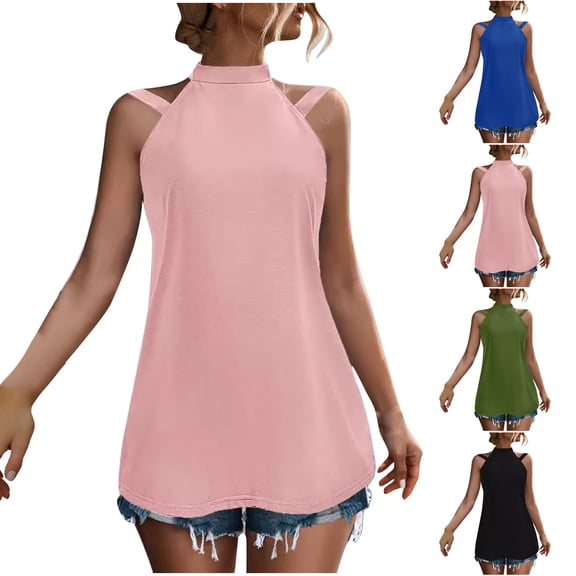 SROBPTY Womens Tank Tops Solid Fashion Crew Neck Sleeveless Off Shoulder Summer Shirts for Casual Wear
