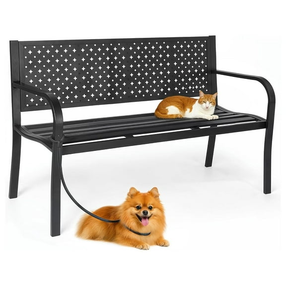 Patio Metal Garden Outdoor Park Benches, Iron Steel Frame Chair Mesh Pattern 500 lbs - Park Yard Front Porch Yard Outside Lawn Decor Deck Furniture, Black 50 Inches