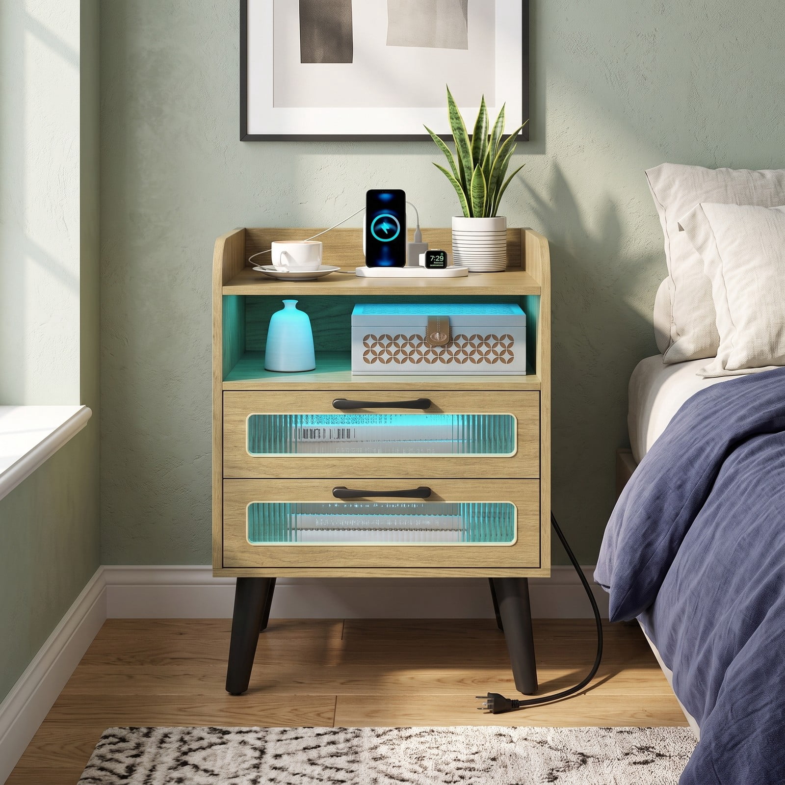Furnibear Mid Century Nightstand with Charging Station and LED Lights, Bedside Table with 2 Drawers and Open Shelf for Bedroom, Natural