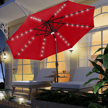 Ainfox 10ft Patio Umbrella Outdoor Solar Powered with 40 LED Lights One Center Light and 8 Sturdy Ribs Without Base(Red)