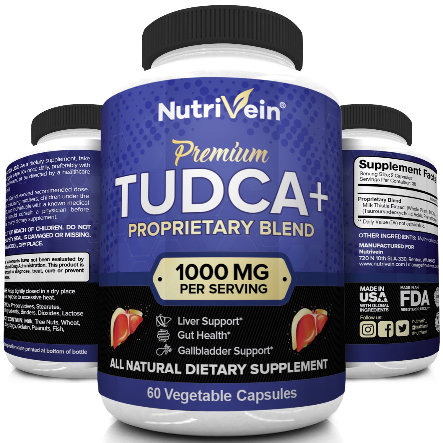 Nutrivein TUDCA Liver Support Supplement 1000mg 30 Day Supply 60
