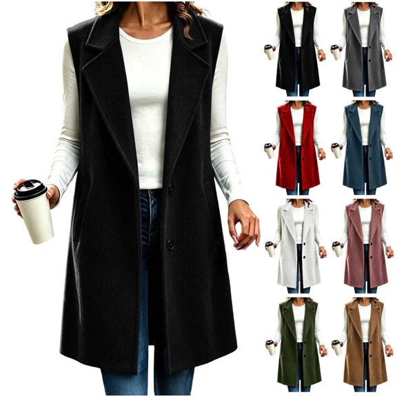 Xaqiouau Women's Long Sleeveless Trench Coat Lapel Collar Open Front Vest Jacket Casual Button Down Lightweight Duster Waistcoat Outerwear with Pockets