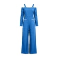 thumbnail image 7 of MexChoioe Womens Off Shoulder Jumpsuits Long Sleeve Contrast Trim Wide Leg Pocket Casual Vacation Rompers, 7 of 7