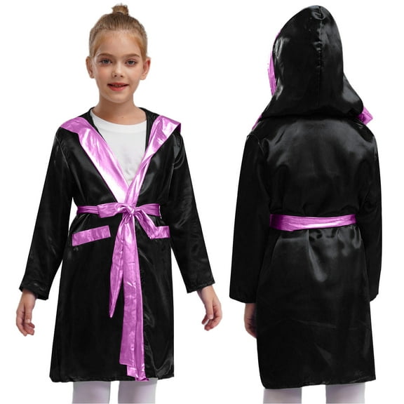 Aiihoo Kids Boys Girls Boxing Robe Satin Hooded Boxer Cloak Long Sleeve Robe Cloak Cape Black&Pink 10