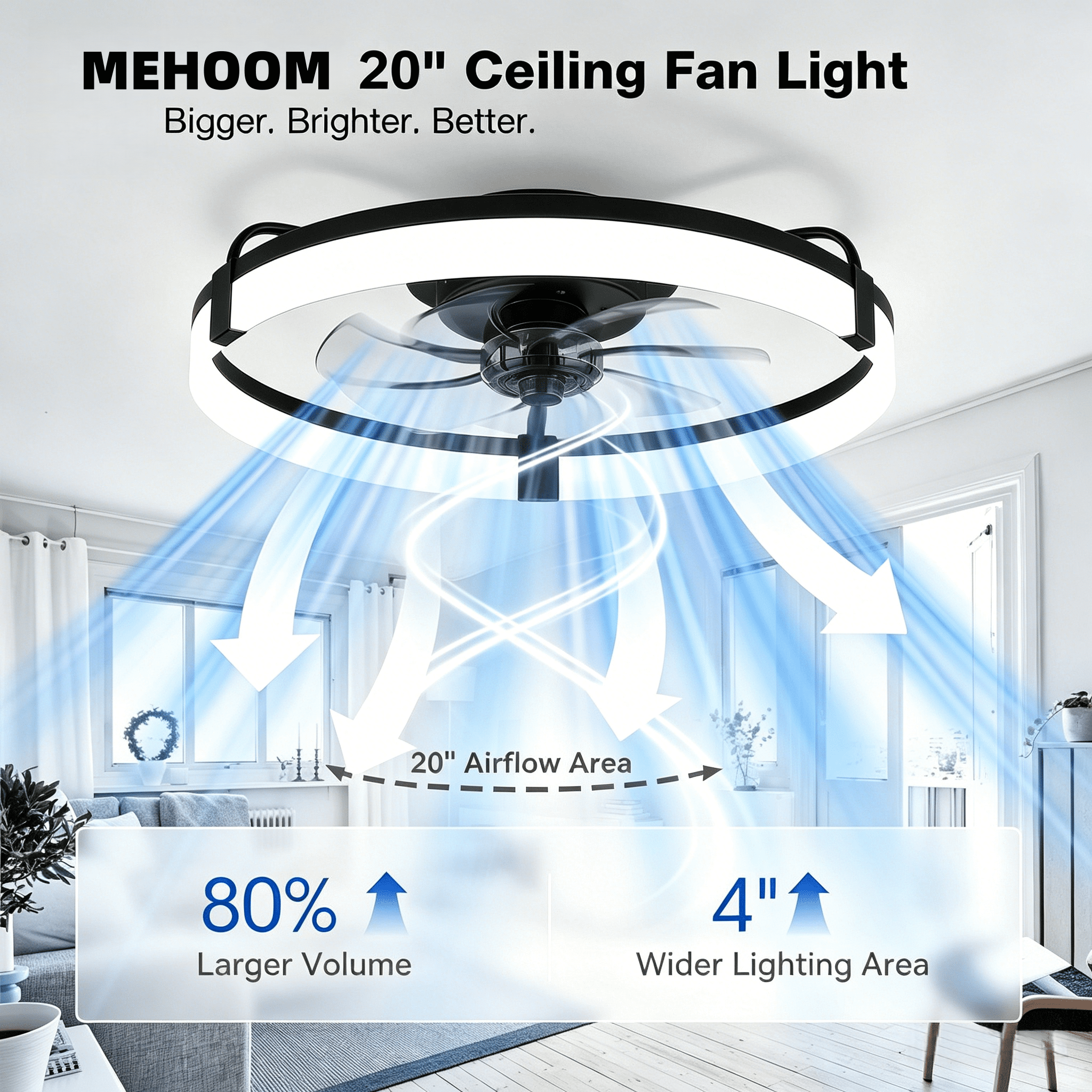 Ceiling Fan with Light and Remote & APP, 20" Low Profile Ceiling Fan, 3 Color Flush Mount Dimmable LED Fan Light, Reversible 6 Wind Speeds, Timing Setting Fan for Bedroom