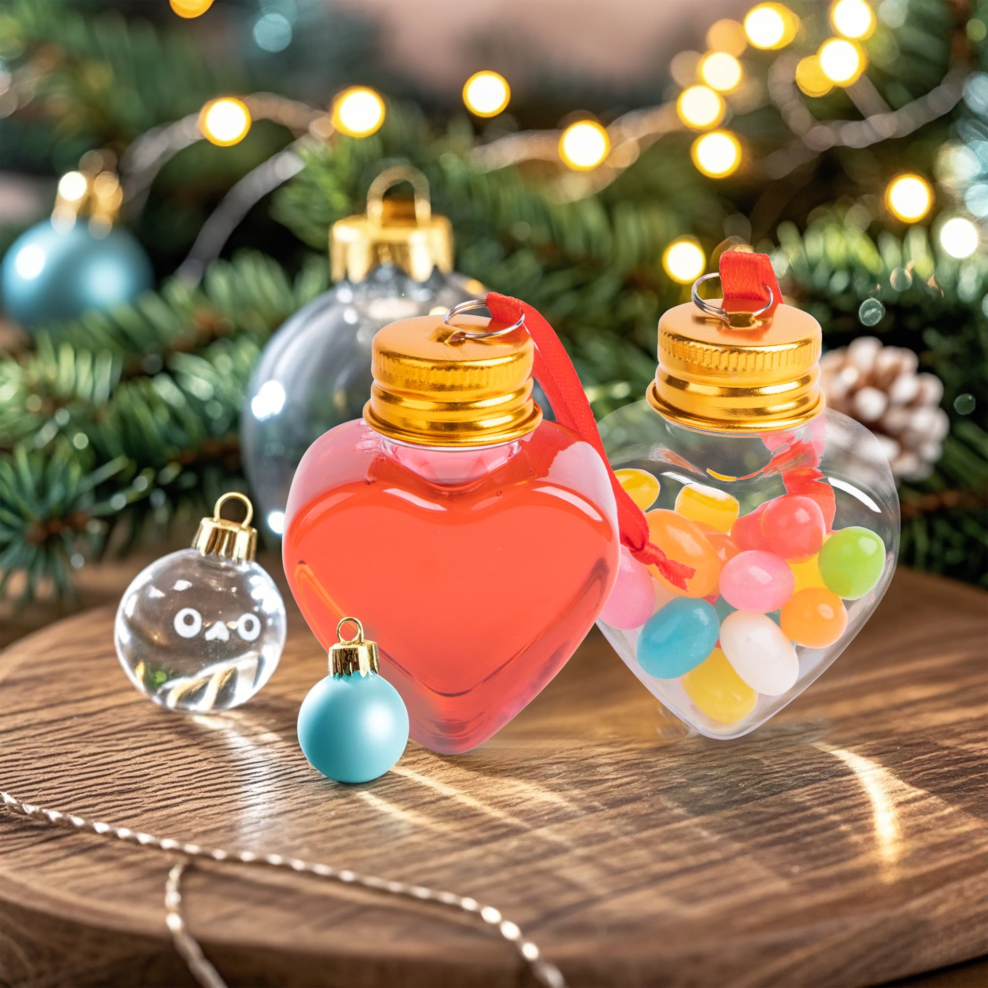 Fillable Christmas Ornament Drink Balls, 6-Pack 50ml Clear Plastic Heart-Shaped Hanging Decorations for White Elephant and Holiday Trees