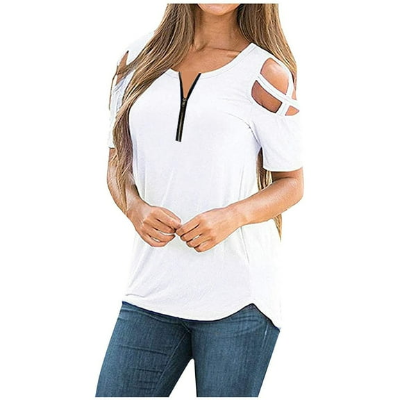 JeashCHAT Women's T shirts Women‘s Summer T Shirts Short Sleeve Tunic Strappy Cold Shoulder Solid Tops