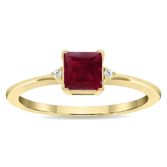 SZUL Women's Square Shaped Ruby and Diamond Classic Band in 10K Yellow Gold