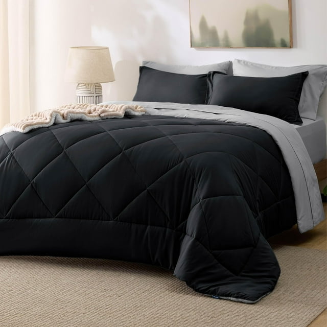 Juego de edredón Bedsure Queen reversible negro, 7 piezas