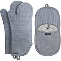 

Rorecay Extra Long Oven Mitts and Pot Holders Sets: Heat Resistant Silicone Oven Mittens and Potholders for Kitchen Baking Cooking Quilted Liner Pack of 4 Grey(Gray-4pack)