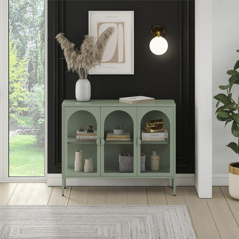 Chloe Metal Accent Cabinet With Arched Glass Doors, Pale Green