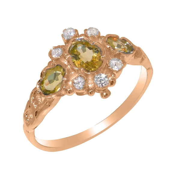LBG British Made 14k Rose Gold Natural Peridot & Diamond Womens Anniversary Ring - 33 size options - Size 5
