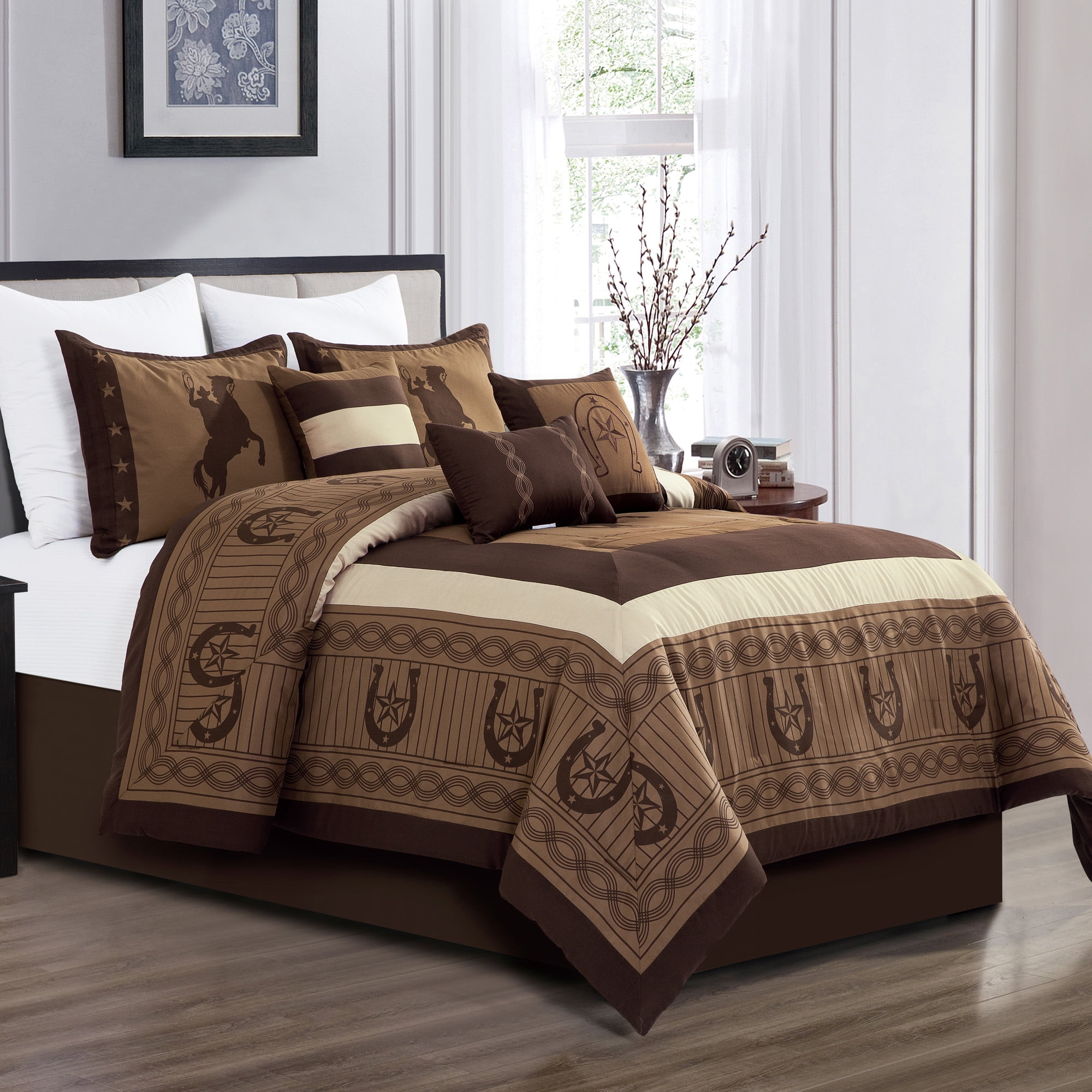 7 Piece Southwestern Brown Beige Horse Rider Comforter Set King Size