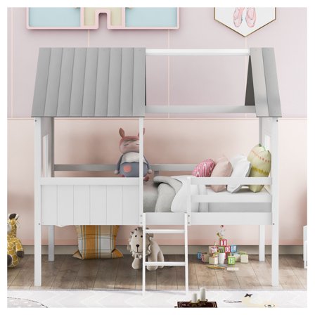 Twin Low Loft Wood House Bed with Two Side Windows, White & Gray