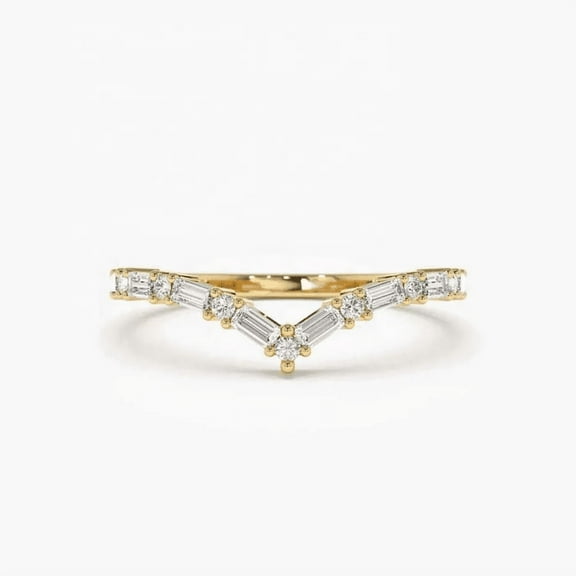 CAUER 14K Yellow Gold Plated Baguette & Round Moissanite Chevron Band Ring for Women – Elegant Statement Jewelry Gift with Certificate & Lifetime Warranty