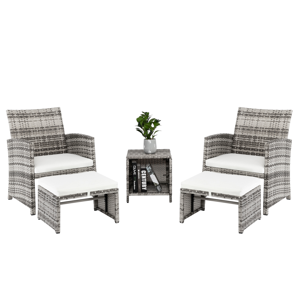 5Piece Wicker Patio Chair with Ottoman Set, BTMWAY Gray Cushioned Bistro Patio Set Rattan Deck Chair with Side Table, Cushioned Outdoor Furniture Set for Patio Porch, R258 - image 2 of 10