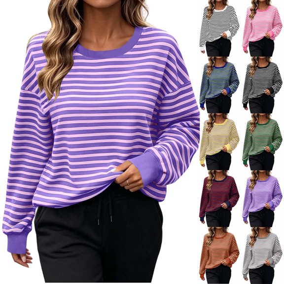 Women Tops Color Block Striped Long Sleeve Sweatshirts Crew Neck Drop Shoulder Loose Fashion Casual Pullover Tops Color Contrast Cuff Loungewear Shirts
