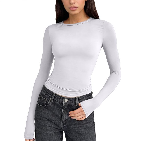 Womens Long Sleeve Basic Shirts Slim Fit Fall Thermal T-Shirt Crew Neck Trendy Tops (White M)