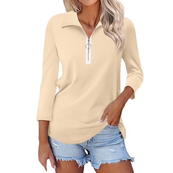 T Shirts For Women Womens Tops V Neck 3/4 Sleeve Tops Quarter Zip Collared Shirts Shirts Summer Tees