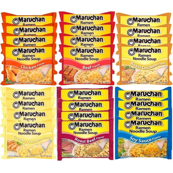 Maruchan Ramen Instant Noodle Soup Variety Mix 24 Packs, 6 Flavors - 4 Oriental, 4 Chicken, 4 Roast Chicken, 4 Beef, 4 Creamy Chicken, 4 Rost Beef Lunch / Dinner Variety
