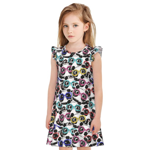 Fotbe Panda And Glasses Vestido de Dormir para Niñas de 3 a 10 Años, Mangas Cortas, Estilo Princesa, Pijama Camisón con Mangas Voladas-X-Large