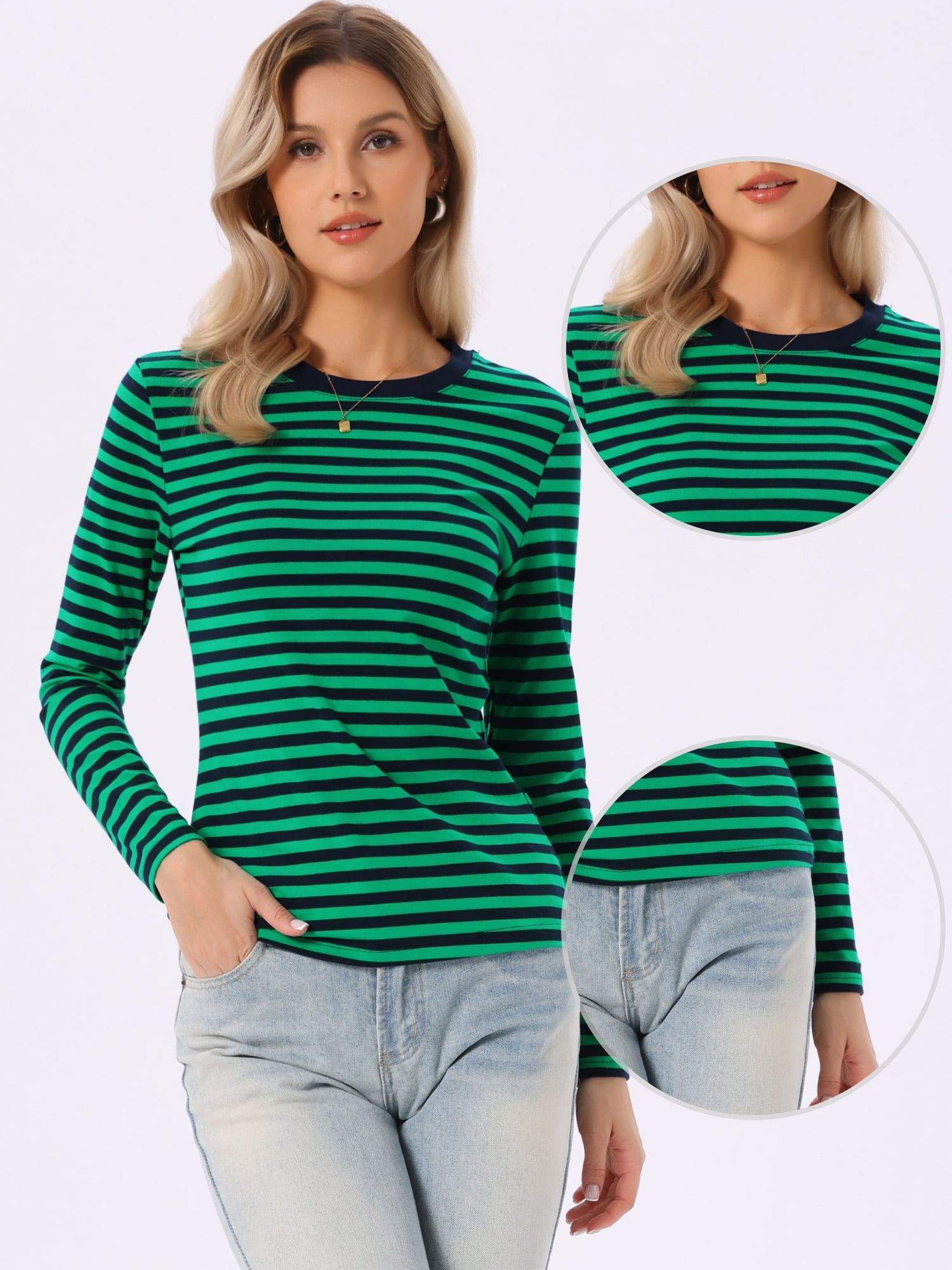 DARING DIVA Women's Striped Long Sleeve Cotton Crew Neck Tees M Green Striped