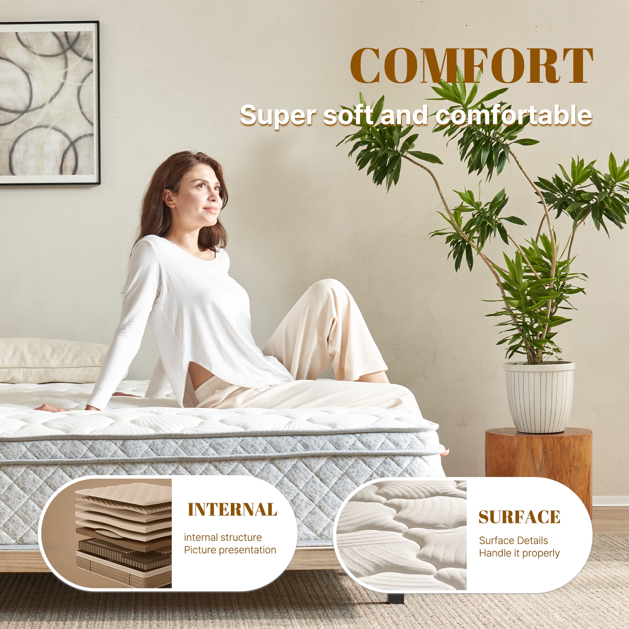 YIYADO King-size mattress, 12-inch hybrid mattress, featuring memory foam and individually pocketed springs.