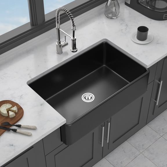 Acpouw 33" Matte Black Farmhouse Sink - 33 x 20 x 10 Inch Kitchen Sink Apron Front Porcelain Ceramic Single Bowl Farmer Sink Basin
