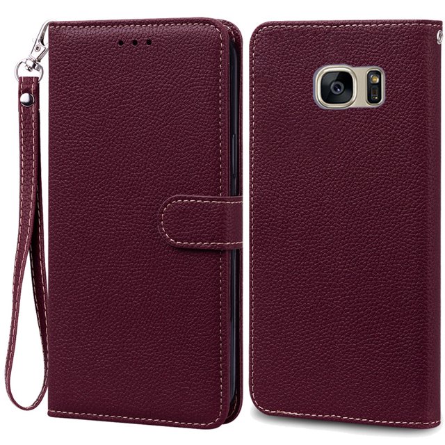 Étui S7Edge pour Samsung Galaxy Étui Portefeuille en Cuir pour Samsung S7 Étui Bord Souple à Rabat pour Samsung S7 Étui Bord 7 Rouge Vin - Sangle pour Samsung S7