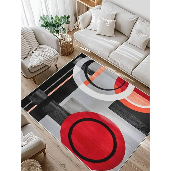 Red Gray Black Area Rug for Bedroom 4x6 Ft Abstract Round Modern Art Super Soft fuzzy Throw Rug Non-Slip Fluffy Plush Indoor Floor Carpet for Living Room Nursery Home Decor