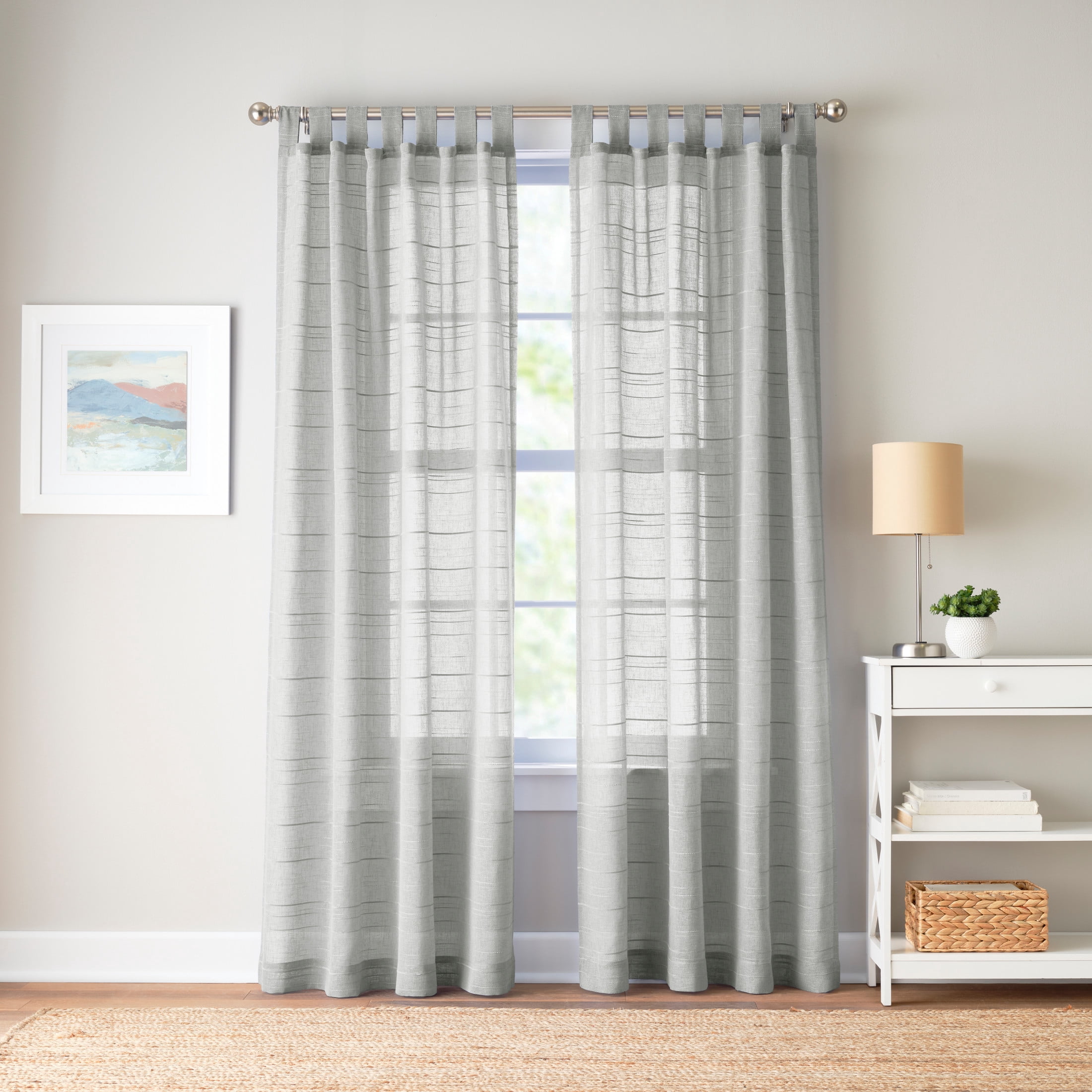 Mainstays Woven Stripe Sheer Tab Top Curtain, Single Panel, Silver, 50" W x 84" L