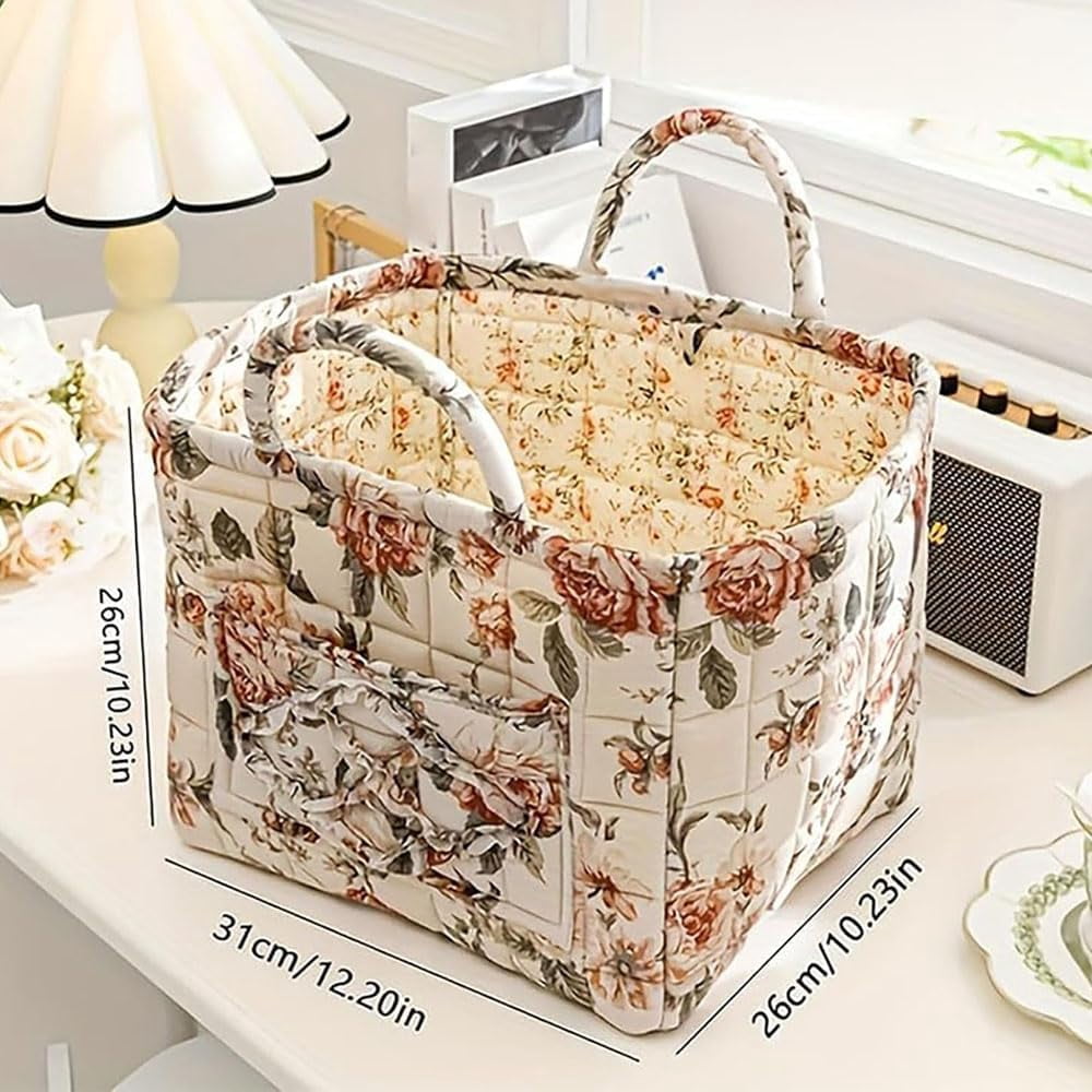 Eagerlyous/Eagerlyus Boho Fabric Storage Basket, Boho Laundry Basket with Handle, Large Capacity Tote Bag with Front Pocket, Foldable Square-Shaped Floral Storage Basket Home Organizatio