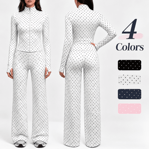 Girony Women's Polka Dot Workout Outfit Set, Zip Up Stand Collar Jacket & High Waist Flared Pants 2 Piece Yoga Tracksuit