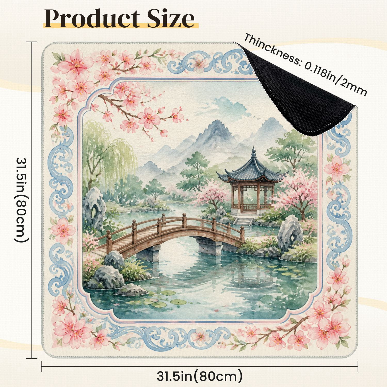 Mahjong Mat 31.5" x 31.5" Serene Japanese Garden Wooden Bridge Pagoda Cherry Blossoms Mountain Non-Slip Noise Reduction Mahjong Tiles Table Cover for Dominoes Poker Card Board and Tile Games