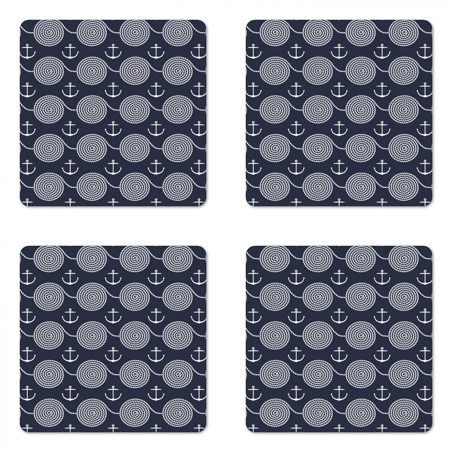 Nautical Coaster Set of 4, Continuous Monochrome Ropes Anchor Maritime