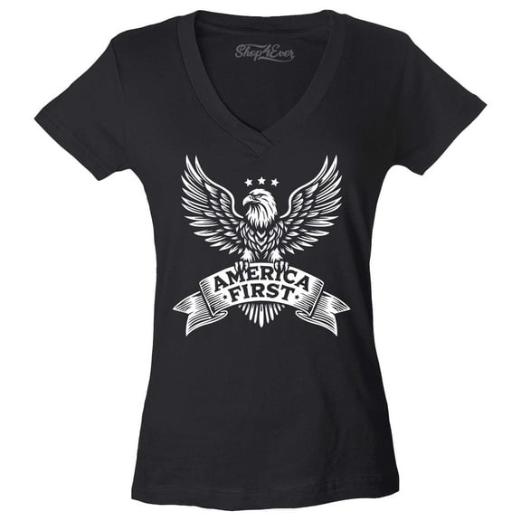 Shop4Ever Women's America First Eagle USA Patriotic Slim Fit V-Neck T-Shirt Large Black