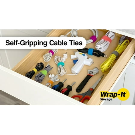 Wrap-It Storage - Self-Gripping Cable Ties (20-Pack) Reusable Hook and Loop Cord Organizer Cable Tie for Cord Management and Organization - Black