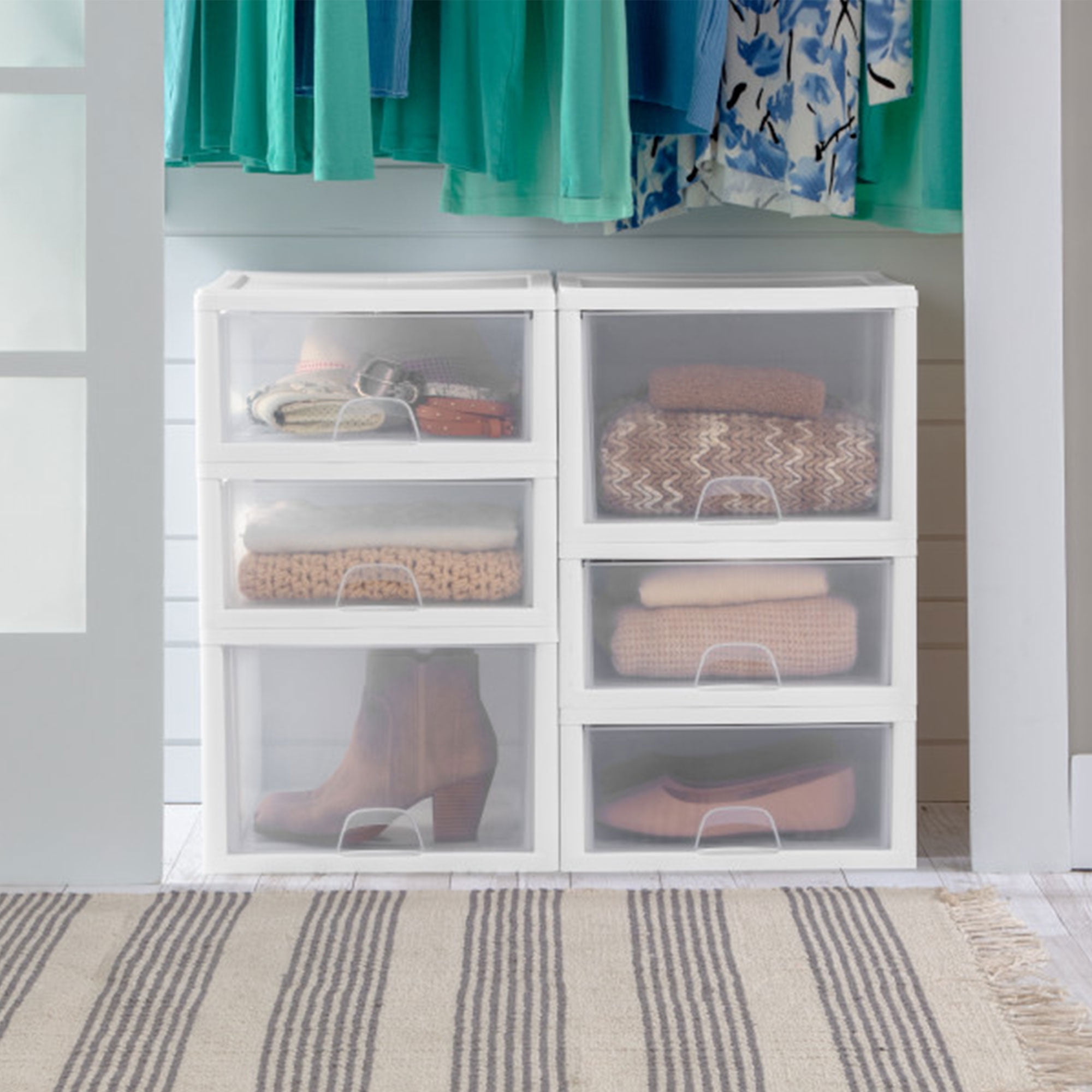 Sterilite 27 Qt Stacking and Modular Plastic Storage Drawers, White Frame, 4 Pack