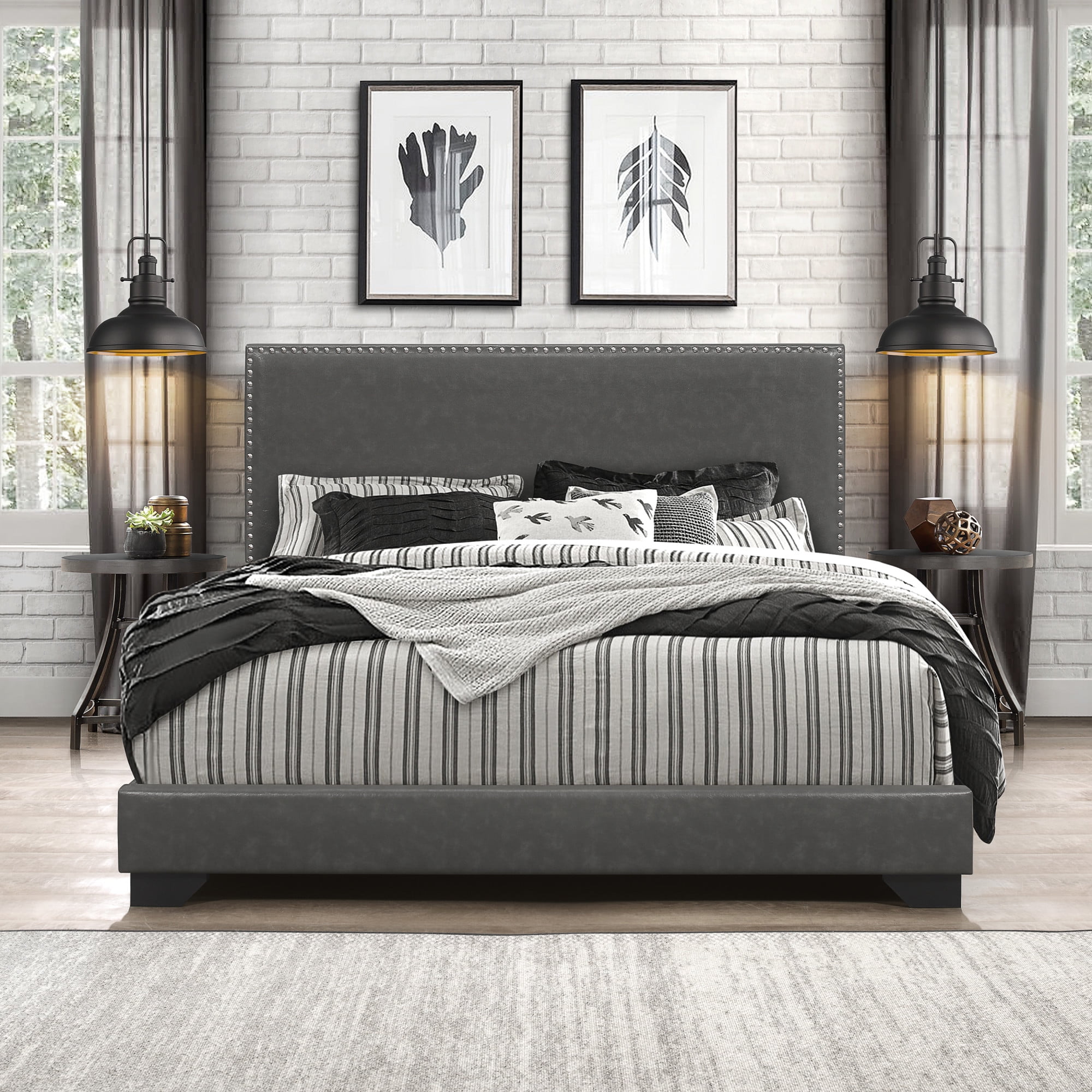 Willow Nailhead Trim Upholstered Queen Bed, Charcoal Faux Leather