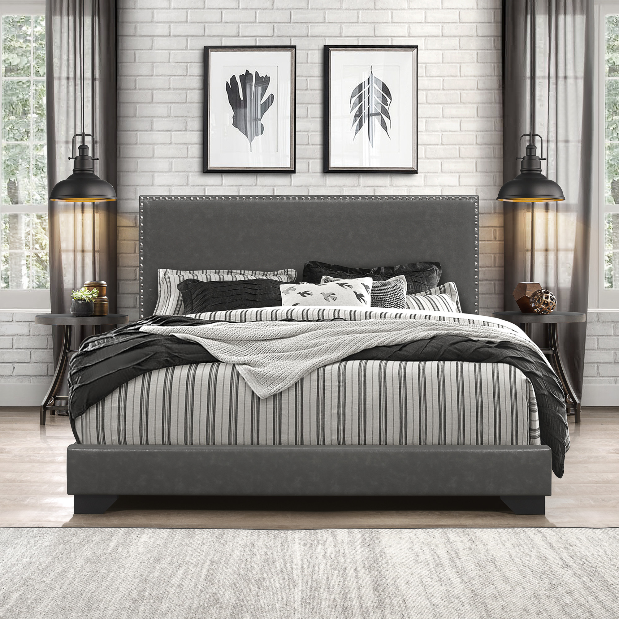 Willow Nailhead Trim Upholstered Queen Bed, Charcoal Faux Leather - image 3 of 16